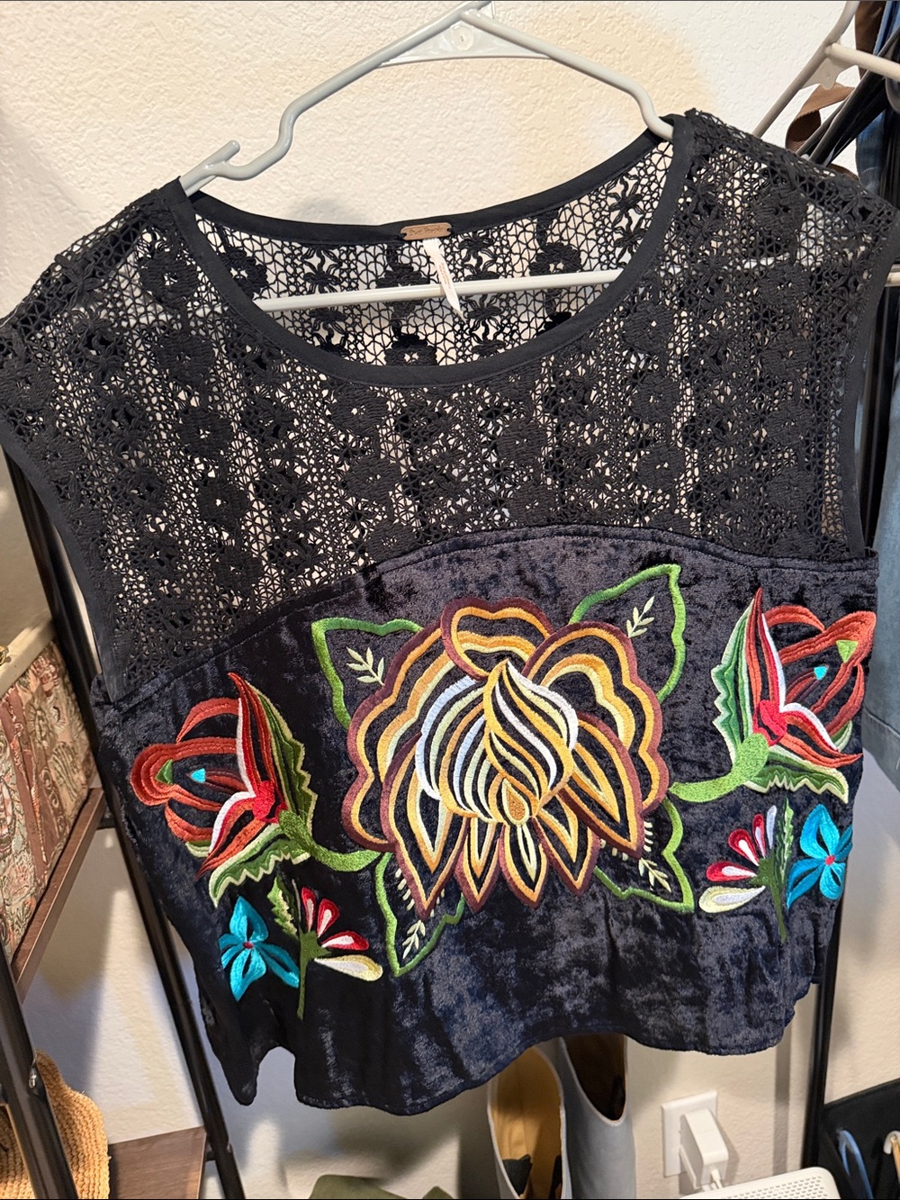 Free People Black Crochet & Velvet Embroidered Floral Women’s Top